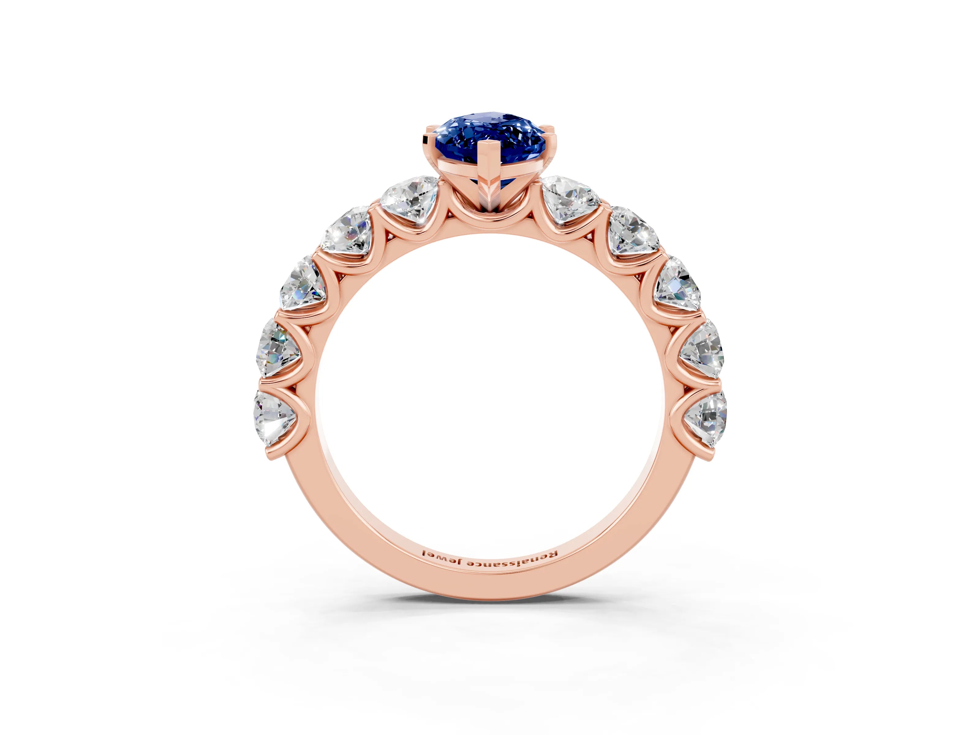 Rose gold Marquise Cut Blue Sapphire Prong Setting with Side Stones on a Pave Band_3