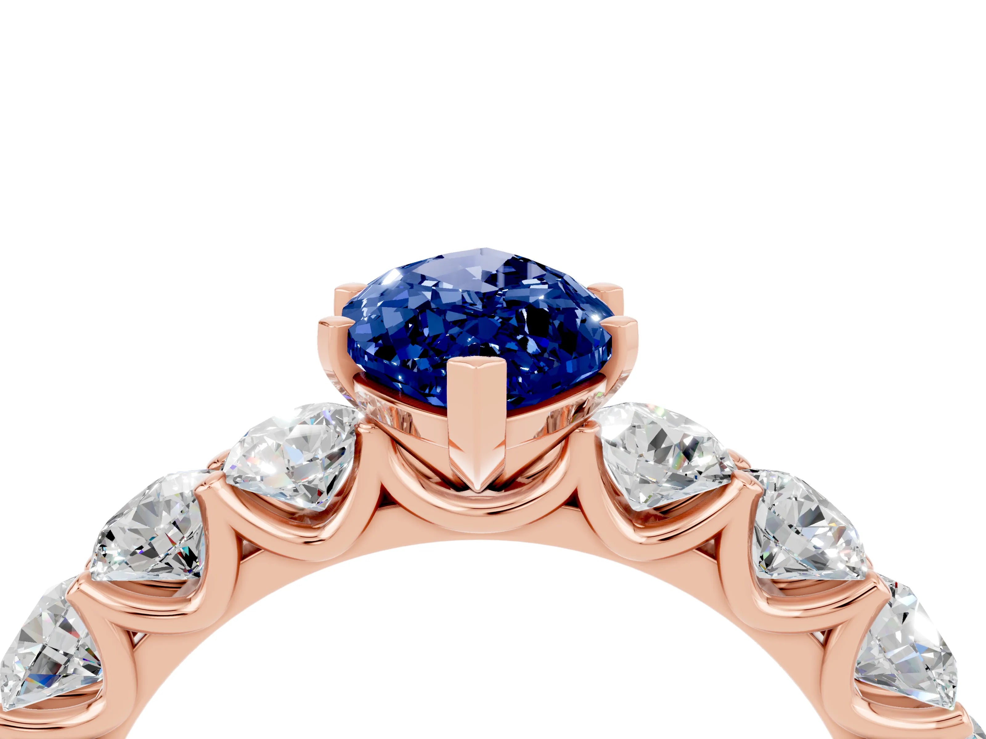 Rose gold Marquise Cut Blue Sapphire Prong Setting with Side Stones on a Pave Band_4