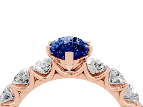 Rose gold Marquise Cut Blue Sapphire Prong Setting with Side Stones on a Pave Band_4