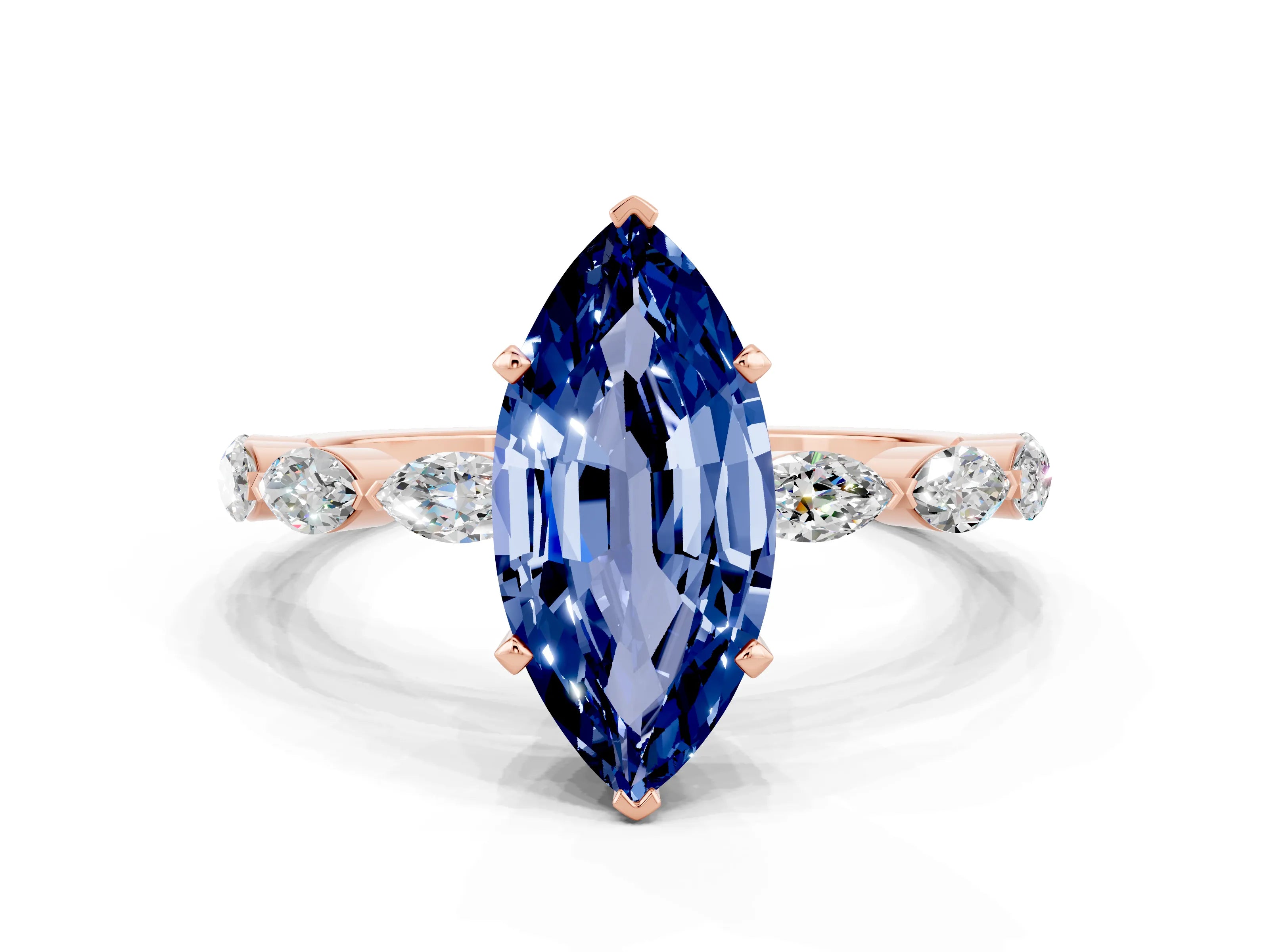 Rose gold Marquise Cut Blue Sapphire Ring with Marquise Side Stones and Prong Setting
