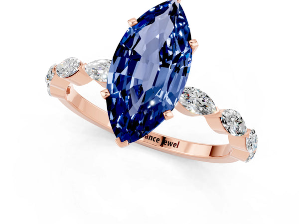 Rose gold Marquise Cut Blue Sapphire Ring with Marquise Side Stones and Prong Setting