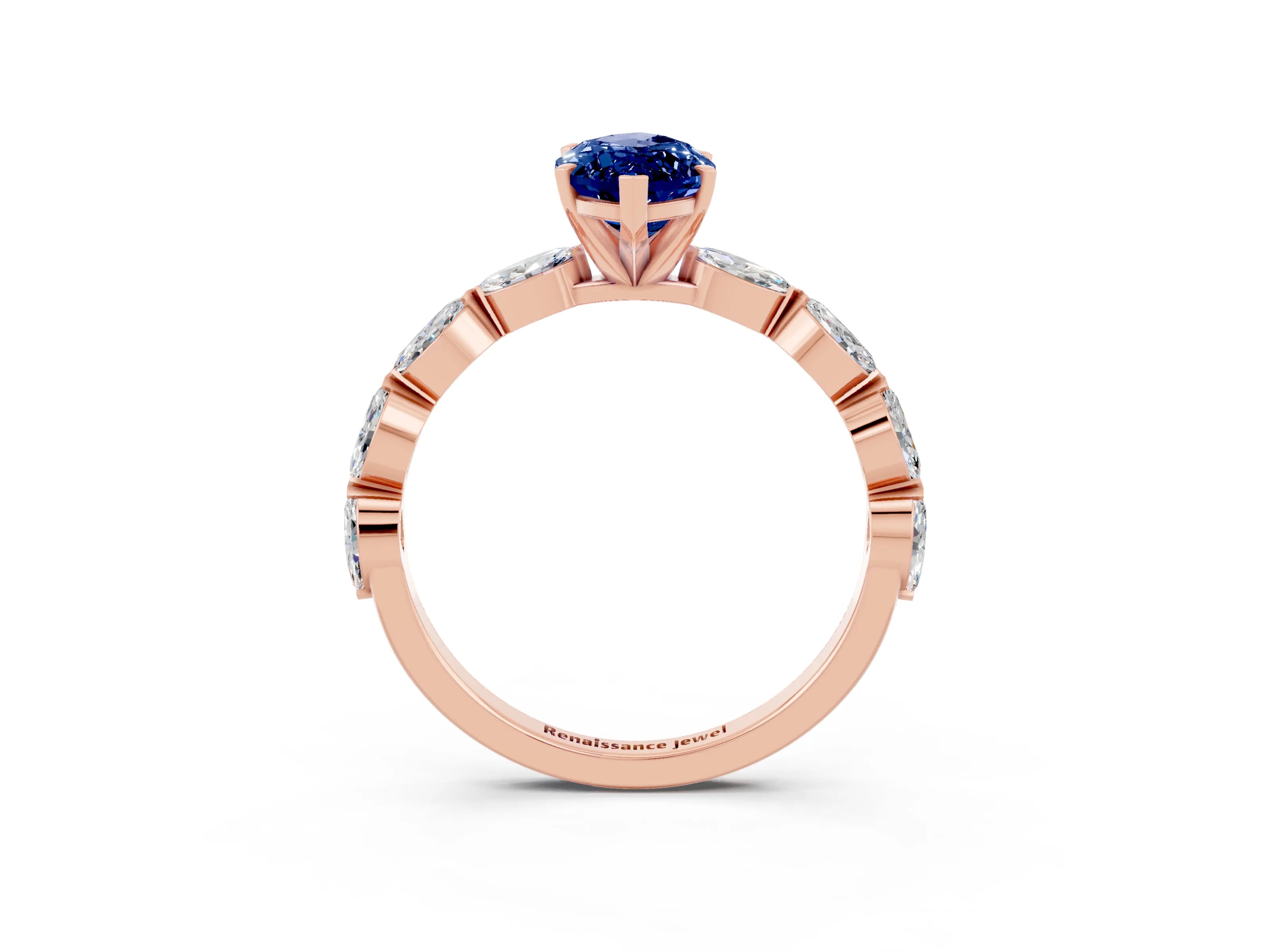 Rose gold Marquise Cut Blue Sapphire Ring with Marquise Side Stones and Prong Setting_3