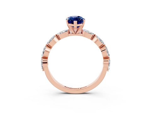 Rose gold Marquise Cut Blue Sapphire Ring with Marquise Side Stones and Prong Setting_3