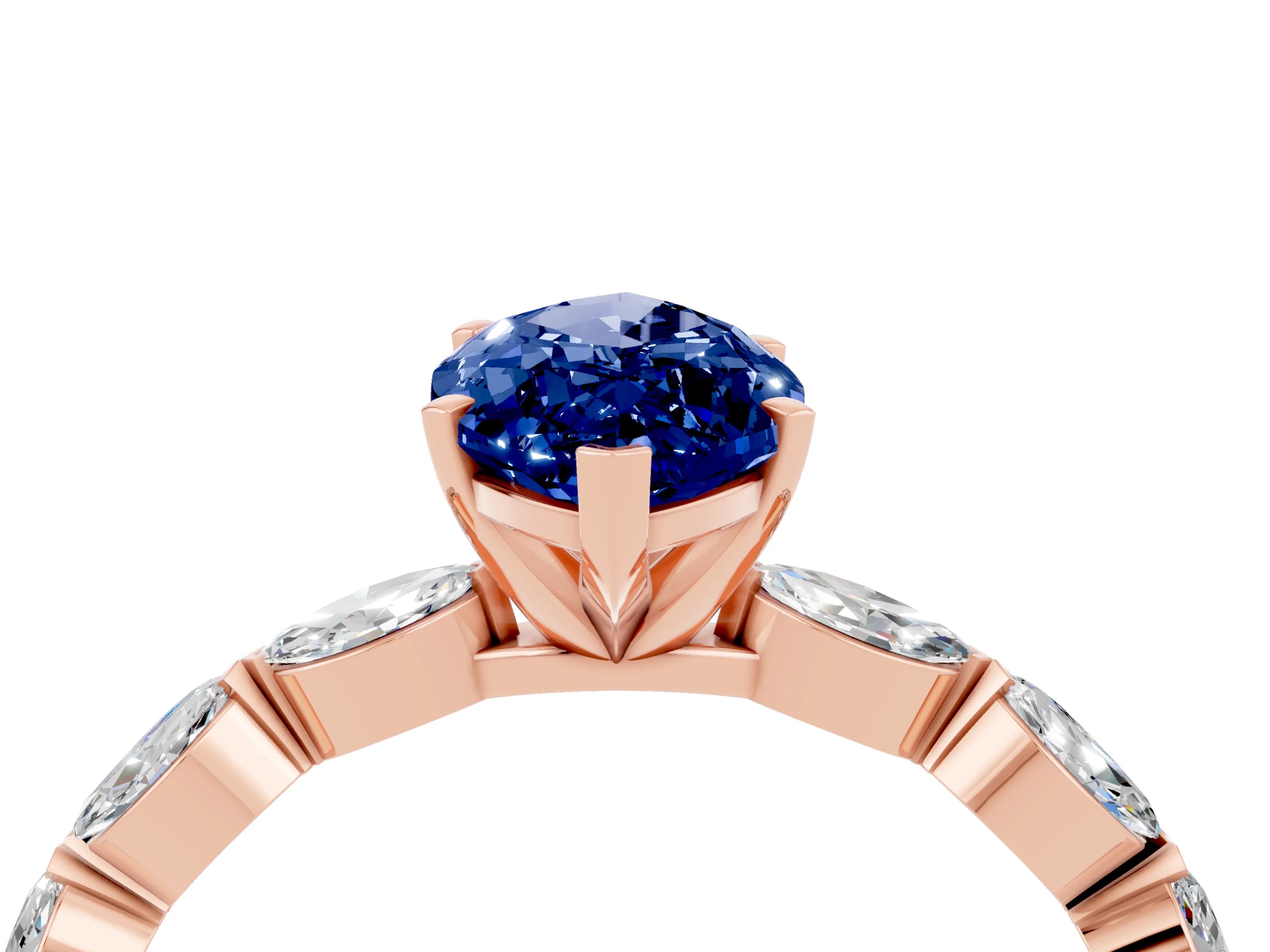 Rose gold Marquise Cut Blue Sapphire Ring with Marquise Side Stones and Prong Setting_4