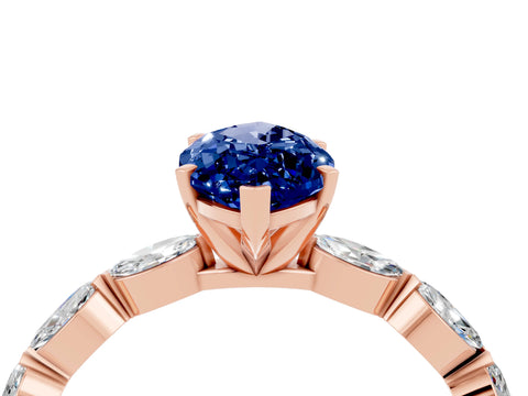 Rose gold Marquise Cut Blue Sapphire Ring with Marquise Side Stones and Prong Setting_4