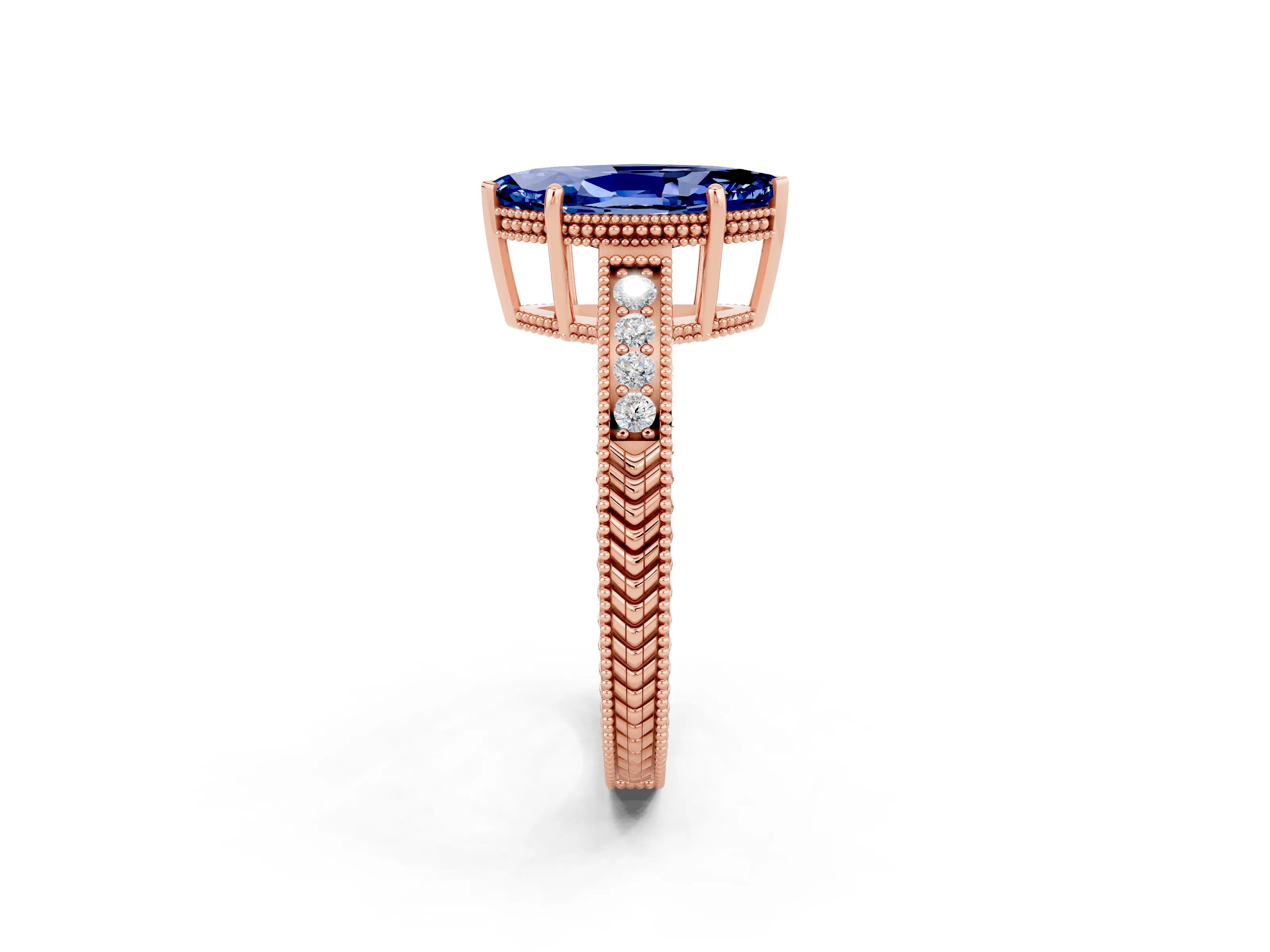 Rose gold Marquise Cut Blue Sapphire Ring with Milgrain Pavé Band and Four-Prong Setting_14