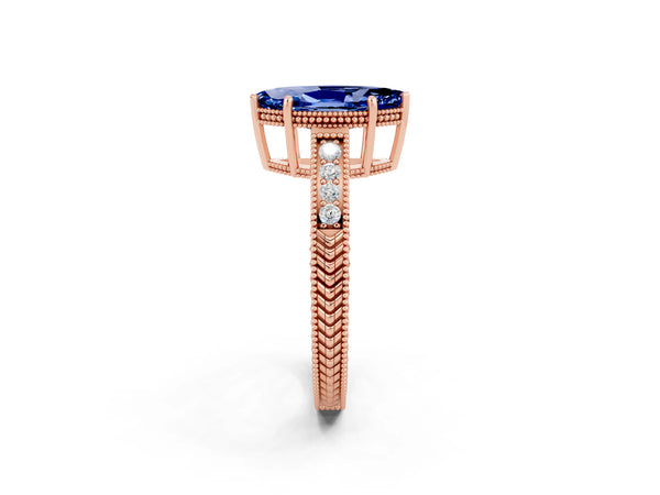 Rose gold Marquise Cut Blue Sapphire Ring with Milgrain Pavé Band and Four-Prong Setting