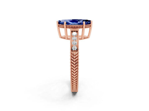 Rose gold Marquise Cut Blue Sapphire Ring with Milgrain Pavé Band and Four-Prong Setting_14
