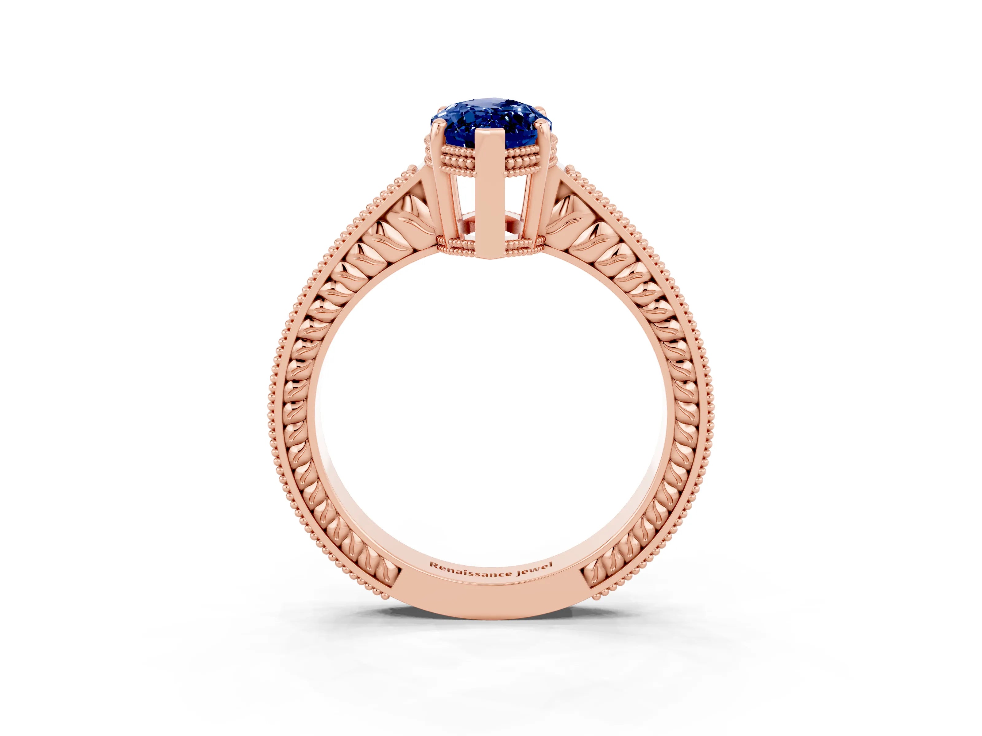 Rose gold Marquise Cut Blue Sapphire Ring with Milgrain Pavé Band and Four-Prong Setting_15