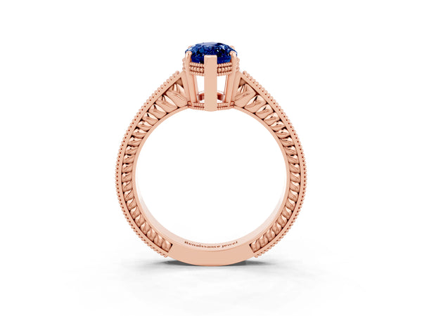 Rose gold Marquise Cut Blue Sapphire Ring with Milgrain Pavé Band and Four-Prong Setting