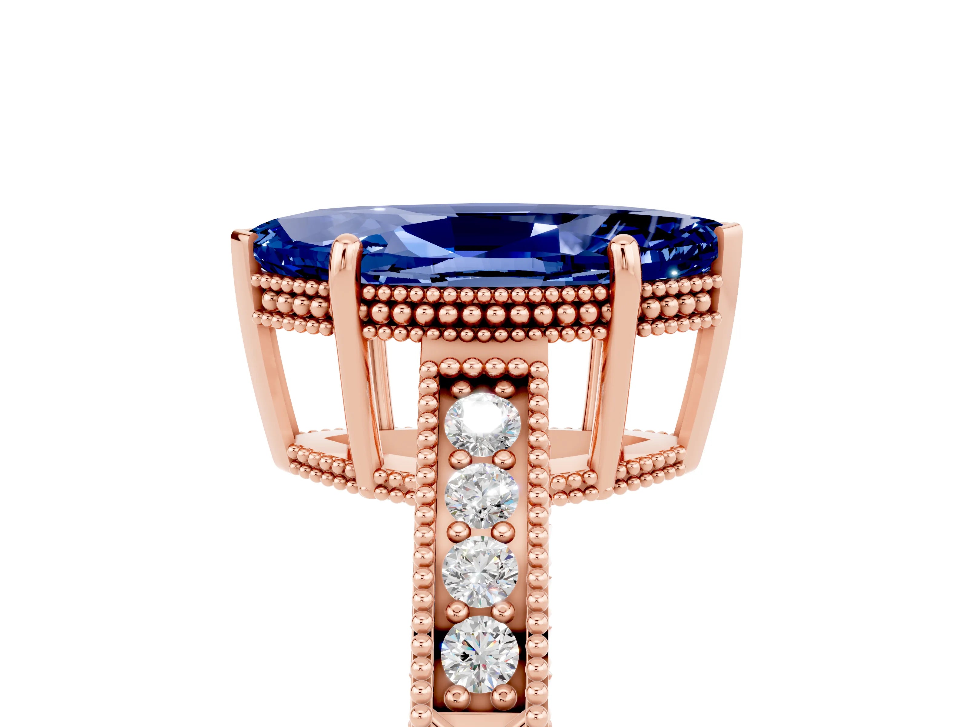 Rose gold Marquise Cut Blue Sapphire Ring with Milgrain Pavé Band and Four-Prong Setting_17