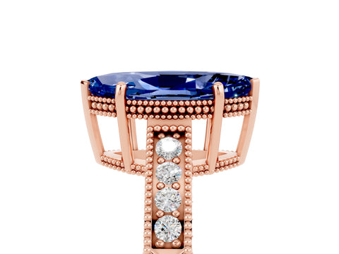 Rose gold Marquise Cut Blue Sapphire Ring with Milgrain Pavé Band and Four-Prong Setting_17
