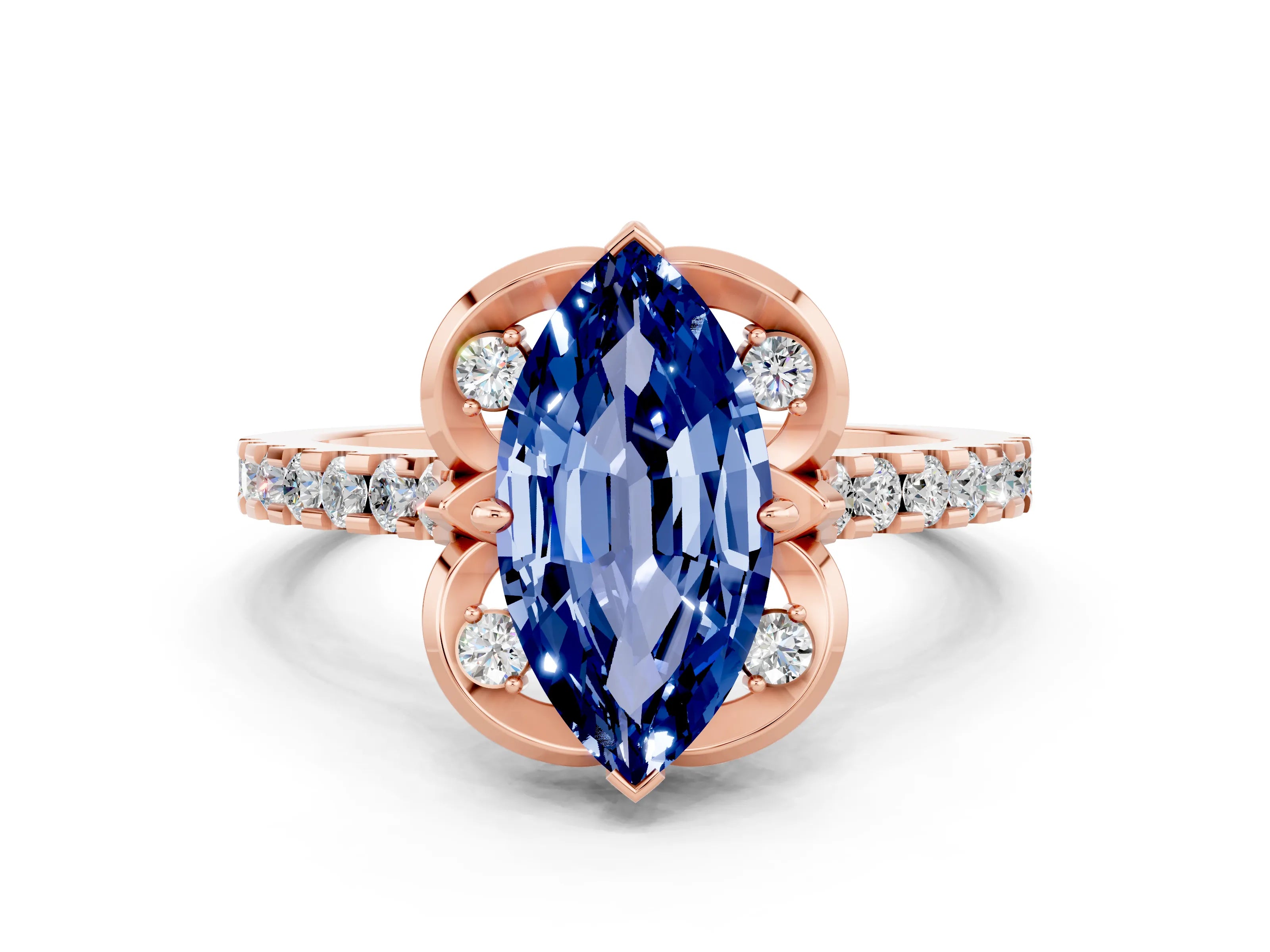 Rose gold Marquise Cut Blue Sapphire Ring with Pavé Band and Floral Prong Setting