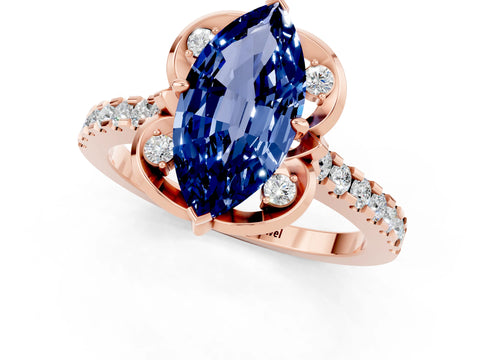 Rose gold Marquise Cut Blue Sapphire Ring with Pavé Band and Floral Prong Setting_1