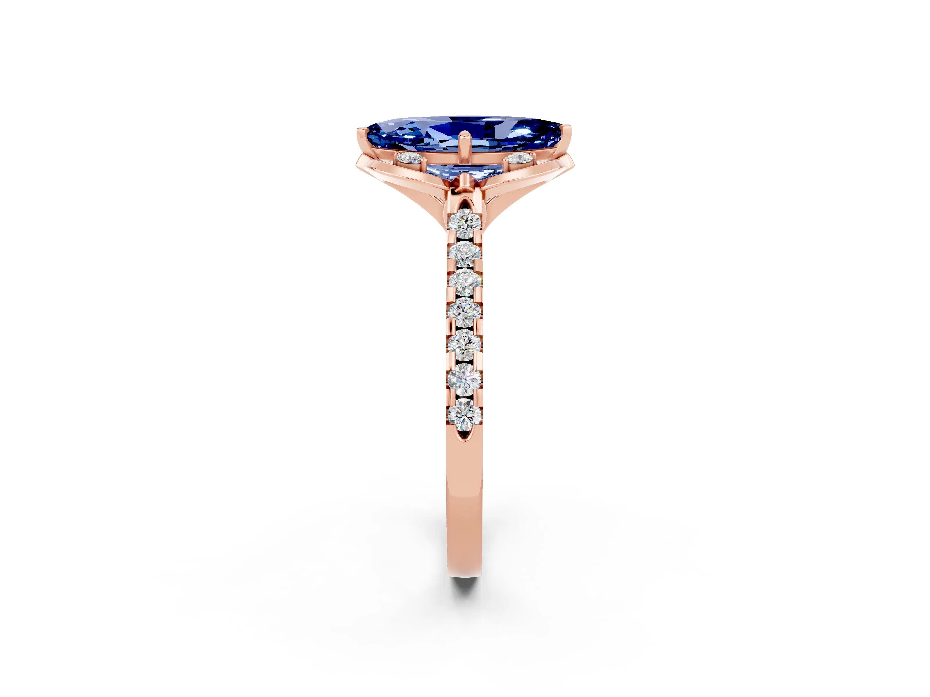 Rose gold Marquise Cut Blue Sapphire Ring with Pavé Band and Floral Prong Setting_2