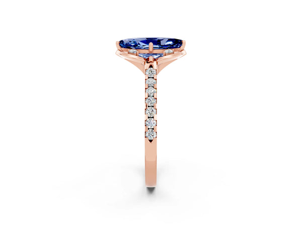Rose gold Marquise Cut Blue Sapphire Ring with Pavé Band and Floral Prong Setting