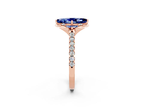 Rose gold Marquise Cut Blue Sapphire Ring with Pavé Band and Floral Prong Setting_2
