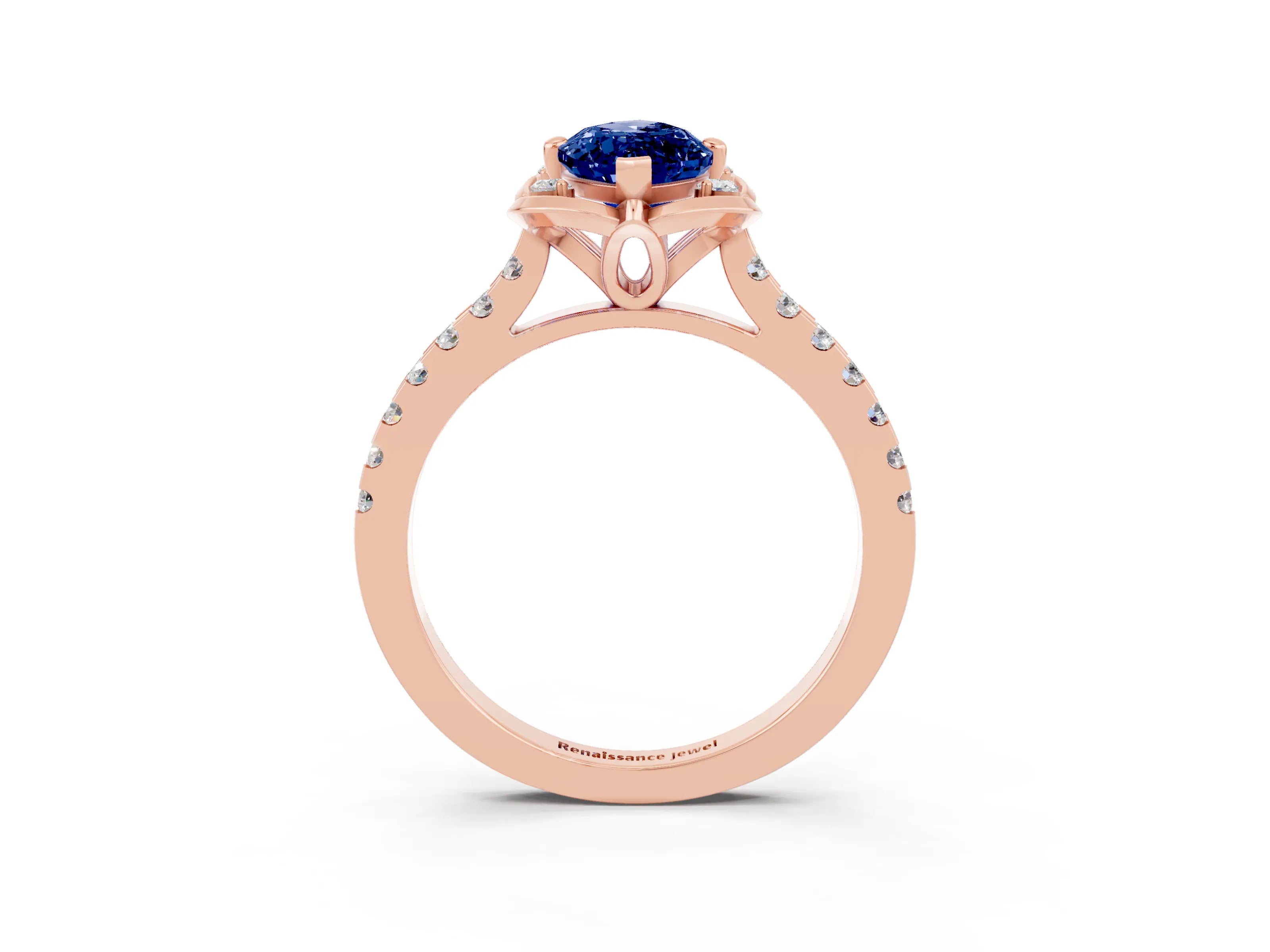 Rose gold Marquise Cut Blue Sapphire Ring with Pavé Band and Floral Prong Setting_3