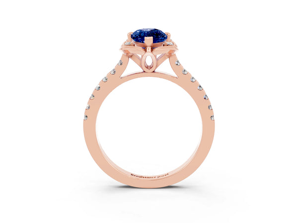 Rose gold Marquise Cut Blue Sapphire Ring with Pavé Band and Floral Prong Setting