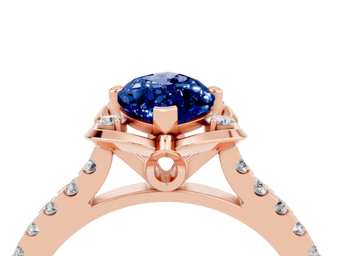 Rose gold Marquise Cut Blue Sapphire Ring with Pavé Band and Floral Prong Setting_4