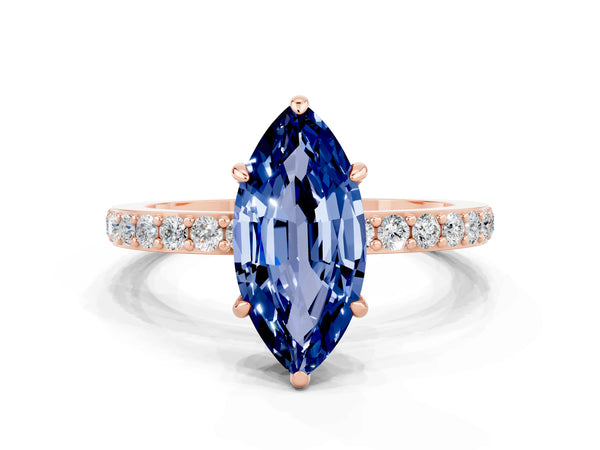 Rose gold Marquise Cut Blue Sapphire Pavé Engagement Ring with Round  Accents and Prong Setting