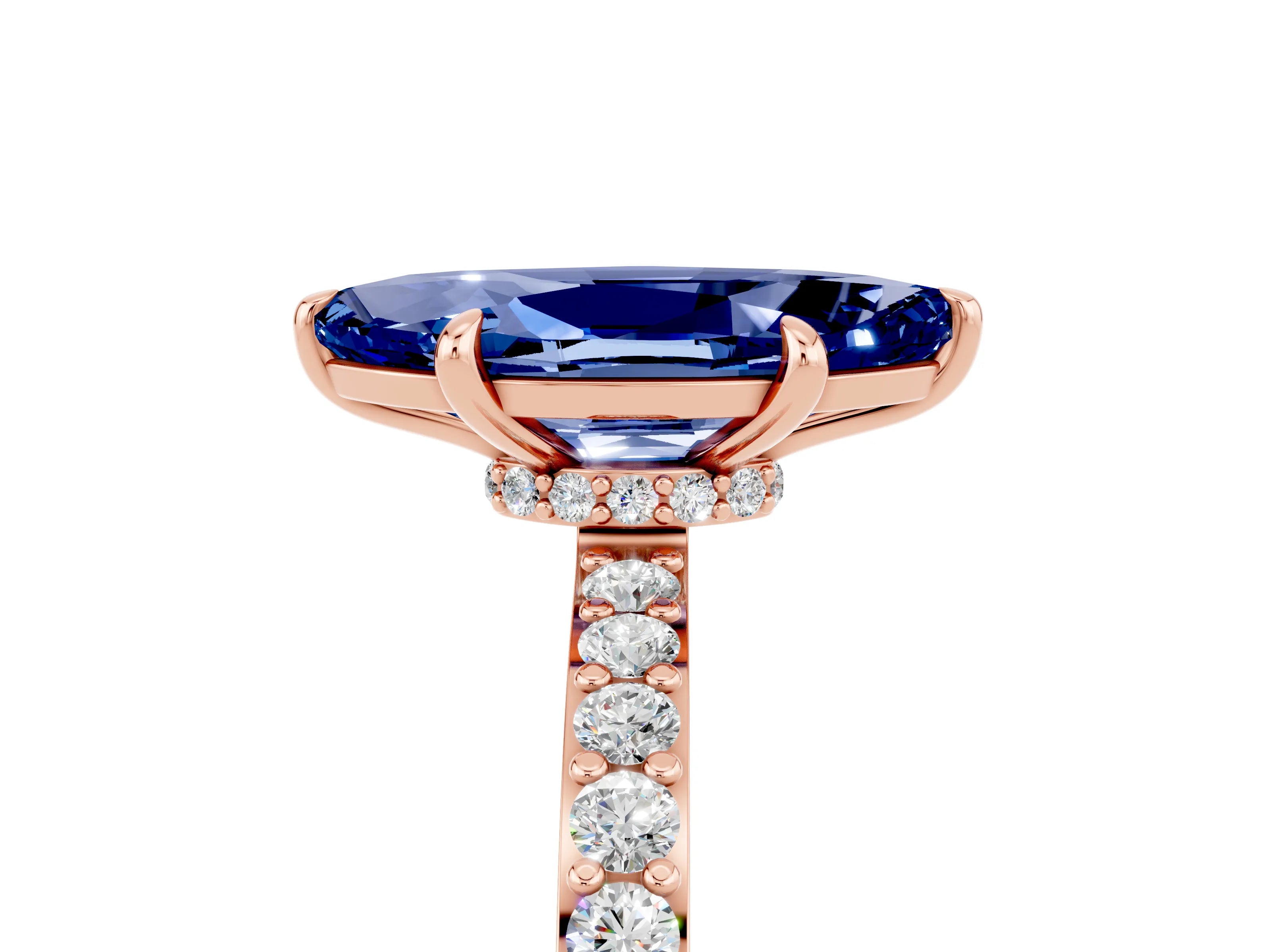 Rose gold Marquise Cut Blue Sapphire Ring with Pavé Band and Four-Prong Setting_5