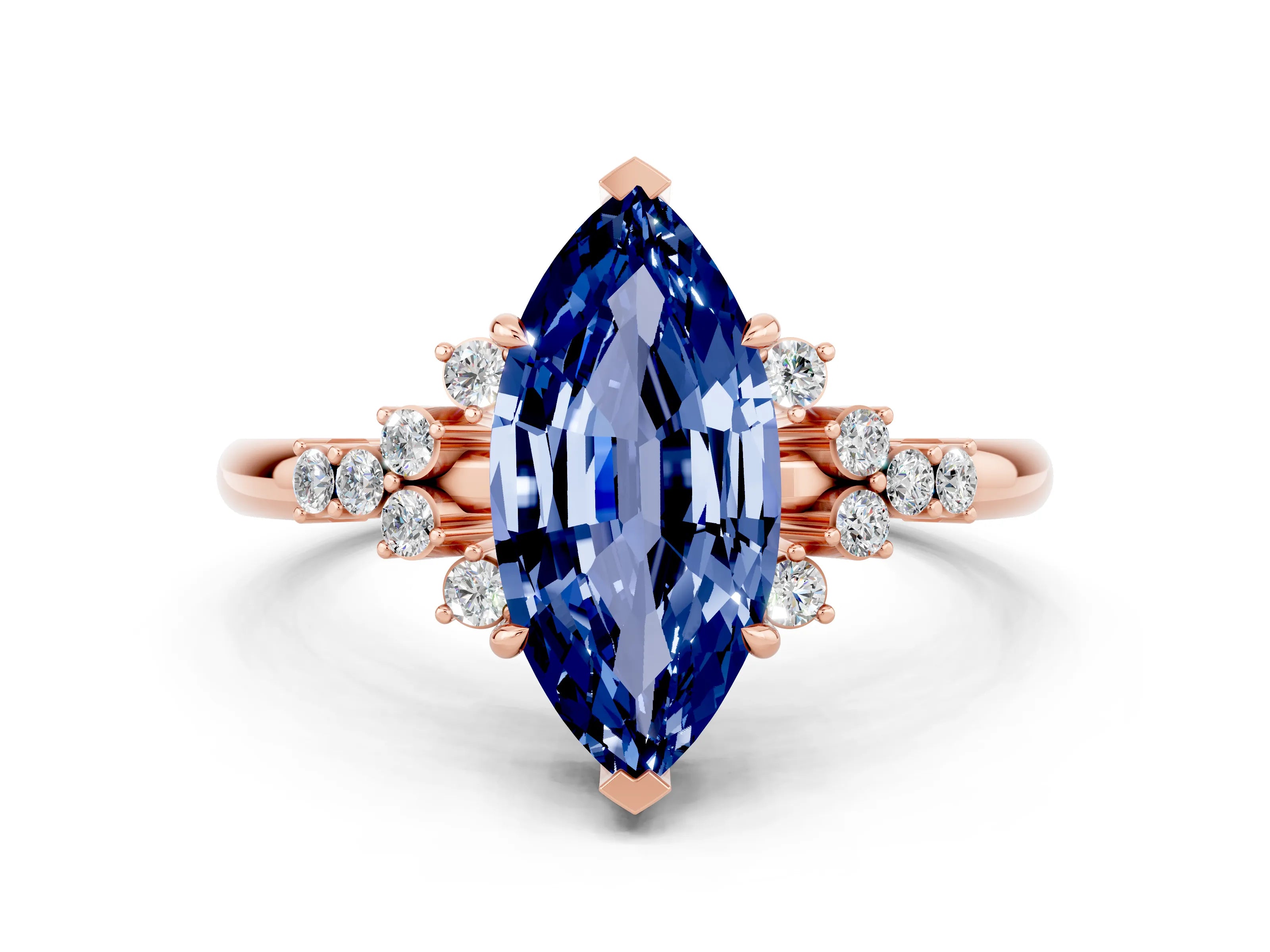Rose gold Marquise Cut Blue Sapphire Ring with Side Stones and Four-Prong Setting_36