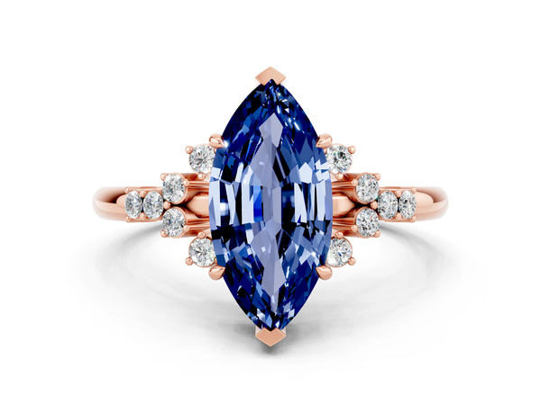 Rose gold Marquise Cut Blue Sapphire Ring with Side Stones and Four-Prong Setting