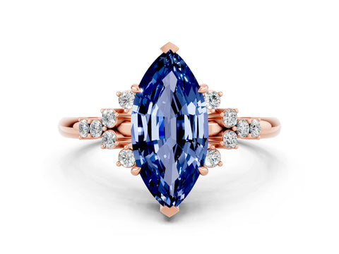 Rose gold Marquise Cut Blue Sapphire Ring with Side Stones and Four-Prong Setting_36