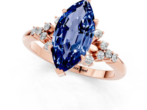 Rose gold Marquise Cut Blue Sapphire Ring with Side Stones and Four-Prong Setting_37