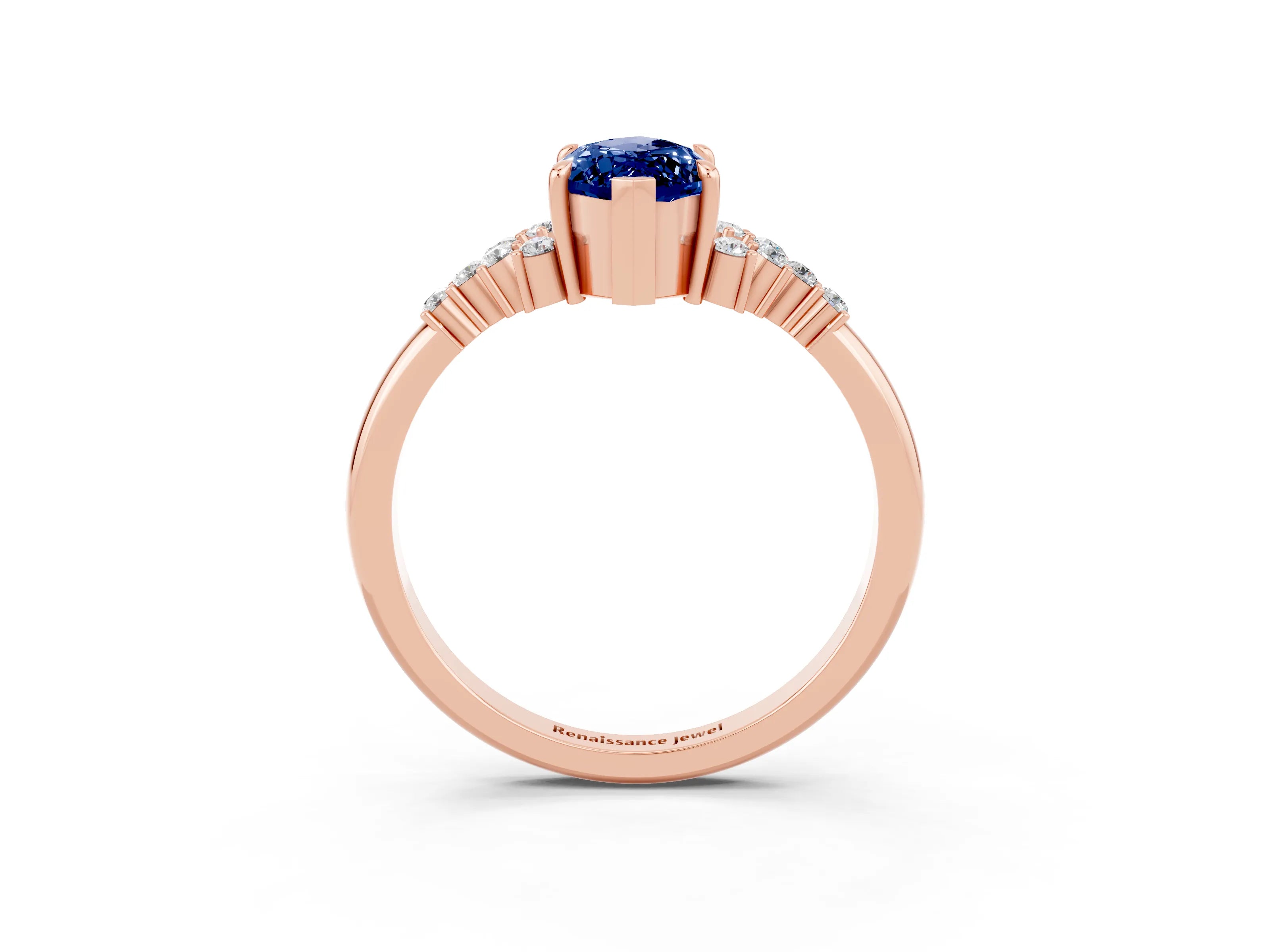 Rose gold Marquise Cut Blue Sapphire Ring with Side Stones and Four-Prong Setting_39