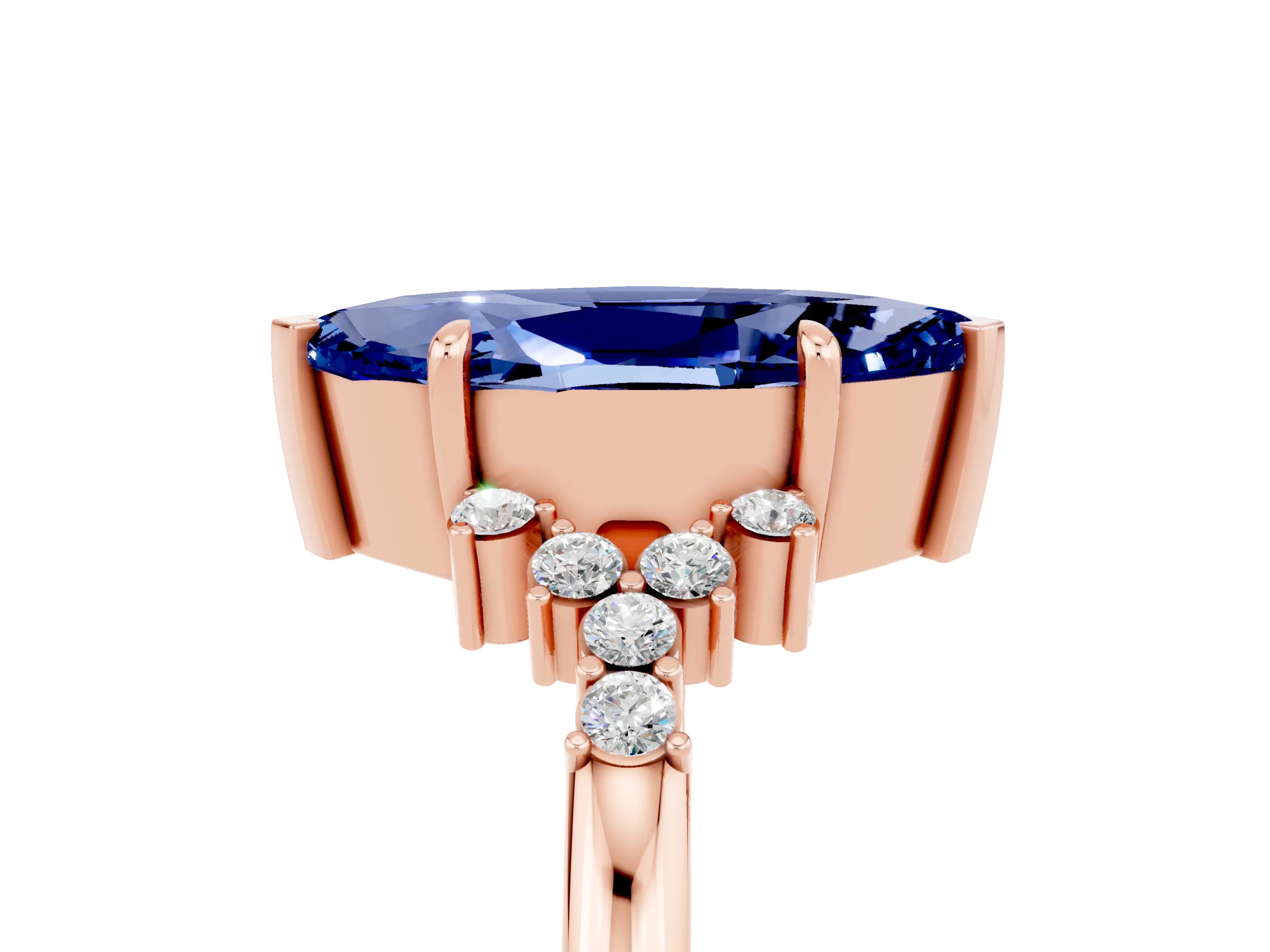 Rose gold Marquise Cut Blue Sapphire Ring with Side Stones and Four-Prong Setting_41