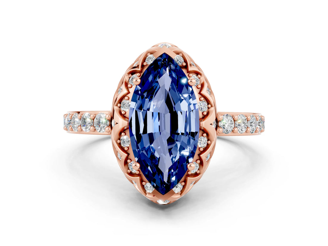 Rose gold Marquise Cut Blue Sapphire Scalloped Halo Engagement Ring with Round Shared Prong Band_12