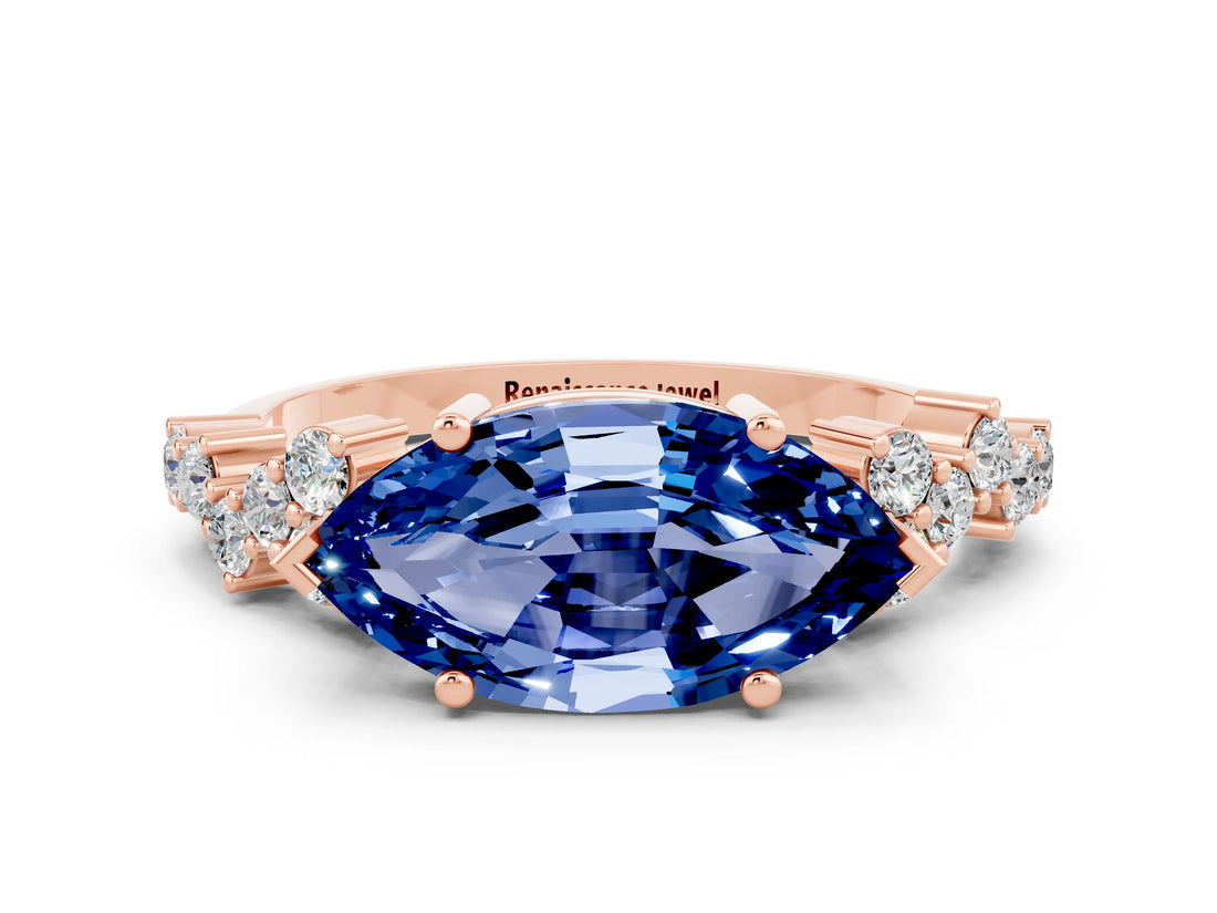 Rose gold Marquise Cut Blue Sapphire Scattered Round Accent Ring with Prong Setting_12
