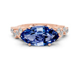 Rose gold Marquise Cut Blue Sapphire Scattered Round Accent Ring with Prong Setting_12