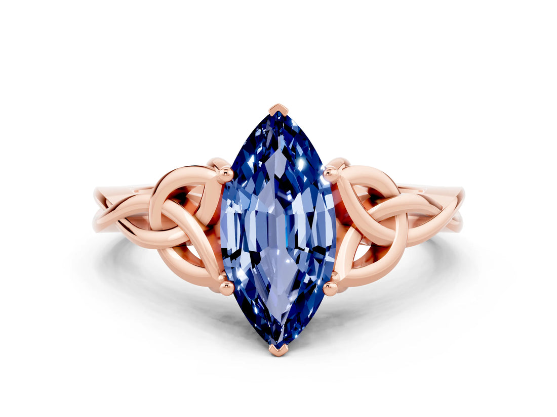 Rose gold Marquise Cut Blue Sapphire Solitaire Celtic Knot Ring with Four-Prong Setting_12