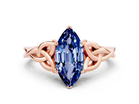 Rose gold Marquise Cut Blue Sapphire Solitaire Celtic Knot Ring with Four-Prong Setting_12