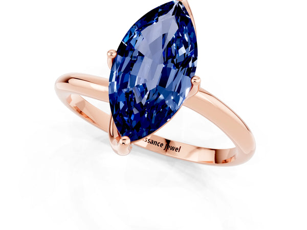 Rose gold Marquise Cut Blue Sapphire Solitaire Engagement Ring with Four-Prong Setting and Classic Band