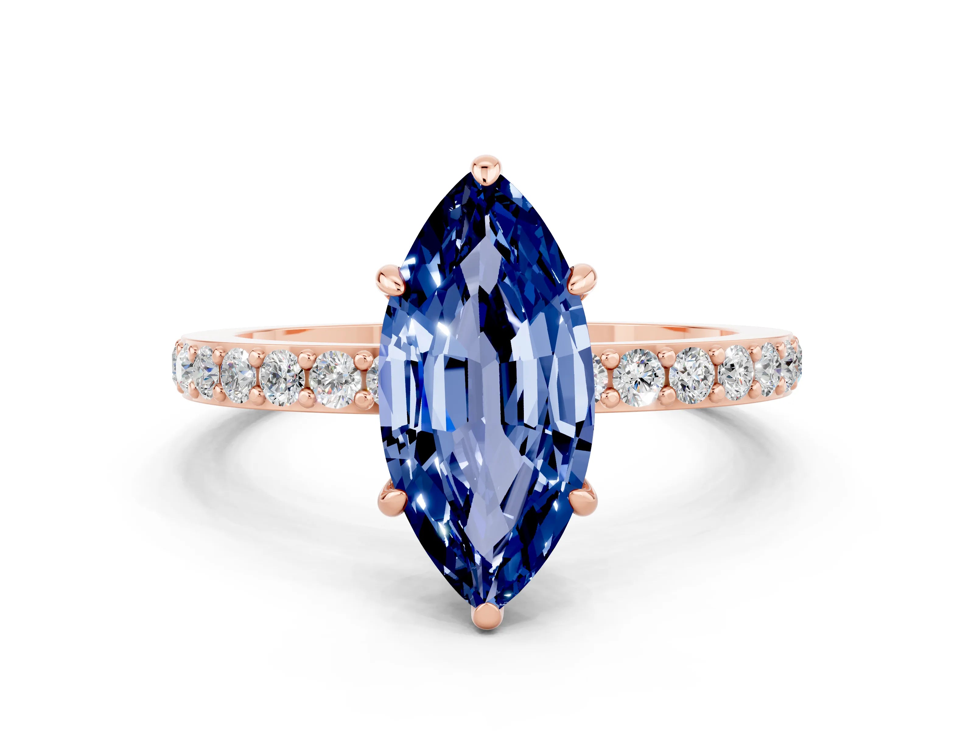 Rose gold Marquise Cut Blue Sapphire Solitaire Engagement Ring with Pavé Band and Four-Prong Setting