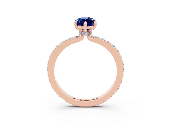 Rose gold Marquise Cut Blue Sapphire Solitaire Engagement Ring with Pavé Band and Four-Prong Setting