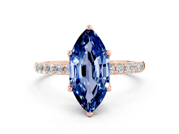 Rose gold Marquise Cut Blue Sapphire Solitaire Engagement Ring with Round  Pavé Band and Prong Setting