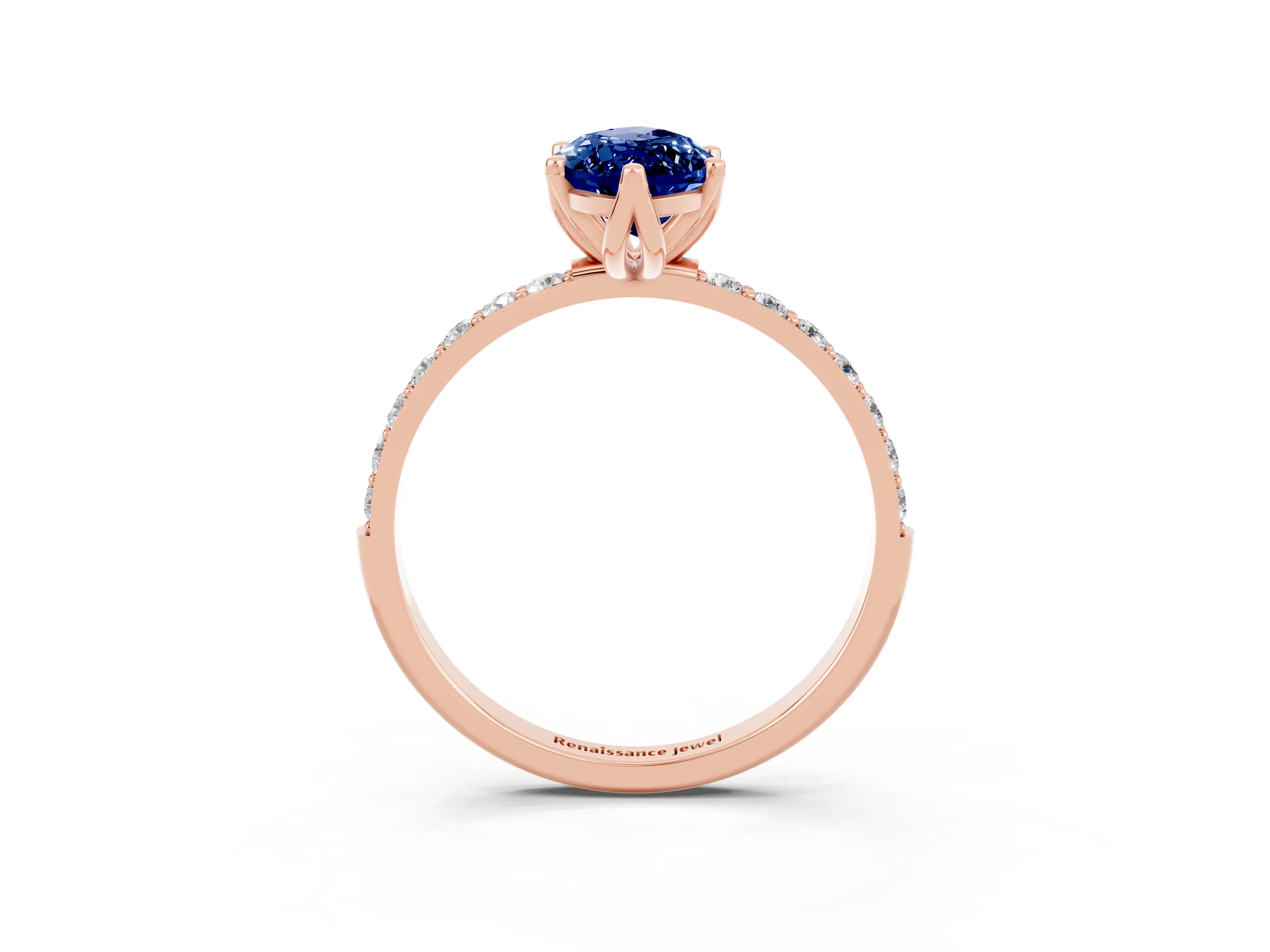 Rose gold Marquise Cut Blue Sapphire Solitaire Engagement Ring with Pavé Band and Prong Setting_3