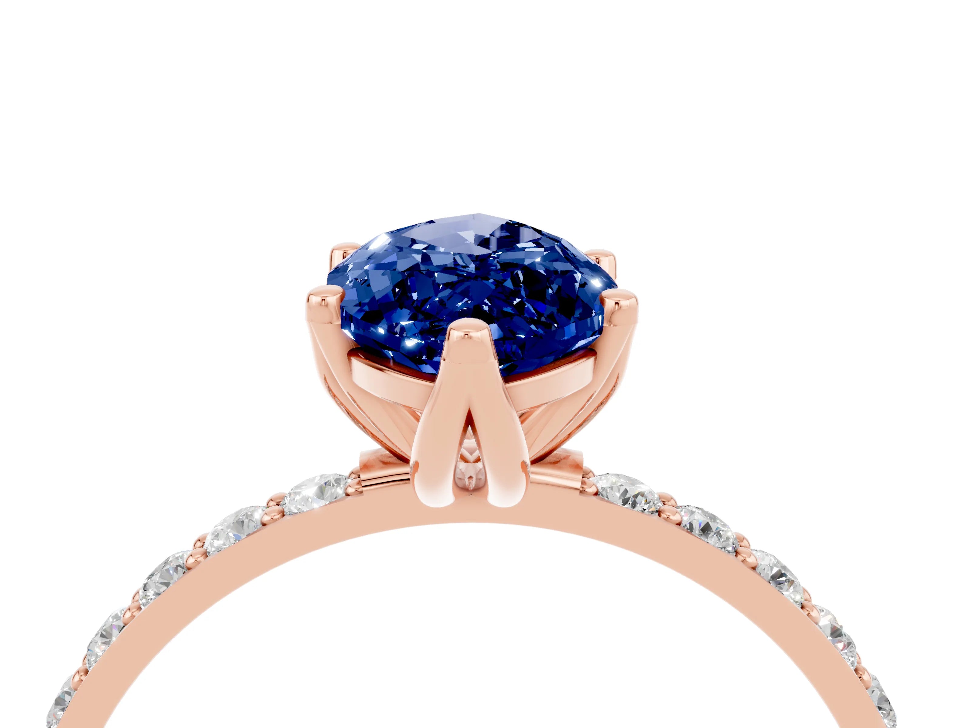 Rose gold Marquise Cut Blue Sapphire Solitaire Engagement Ring with Pavé Band and Prong Setting_4