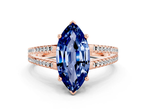 Rose gold Marquise Cut Blue Sapphire Solitaire Engagement Ring with Split Shank Pavé Band
