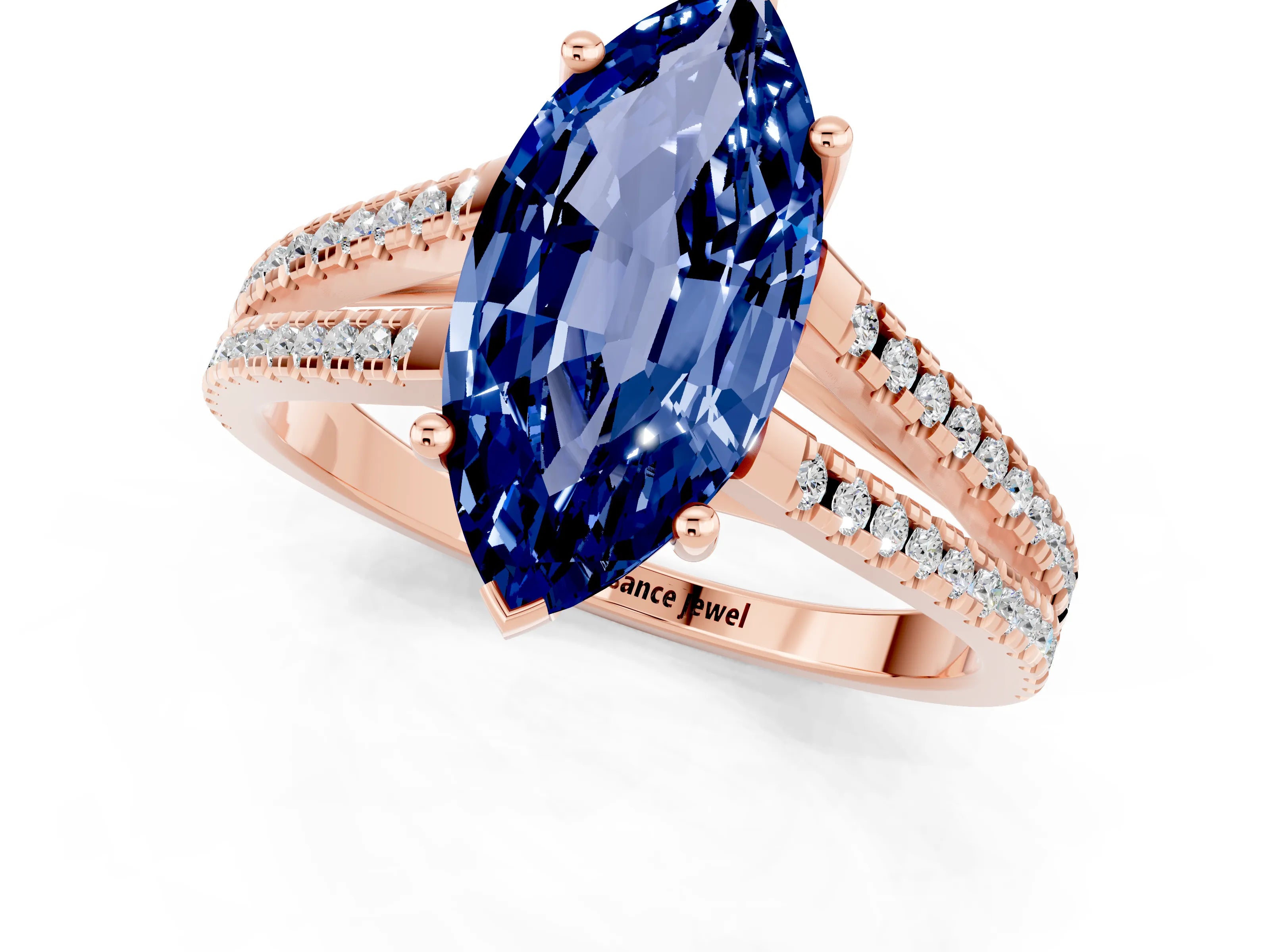 Rose gold Marquise Cut Blue Sapphire Solitaire Engagement Ring with Split Shank Pavé Band_1