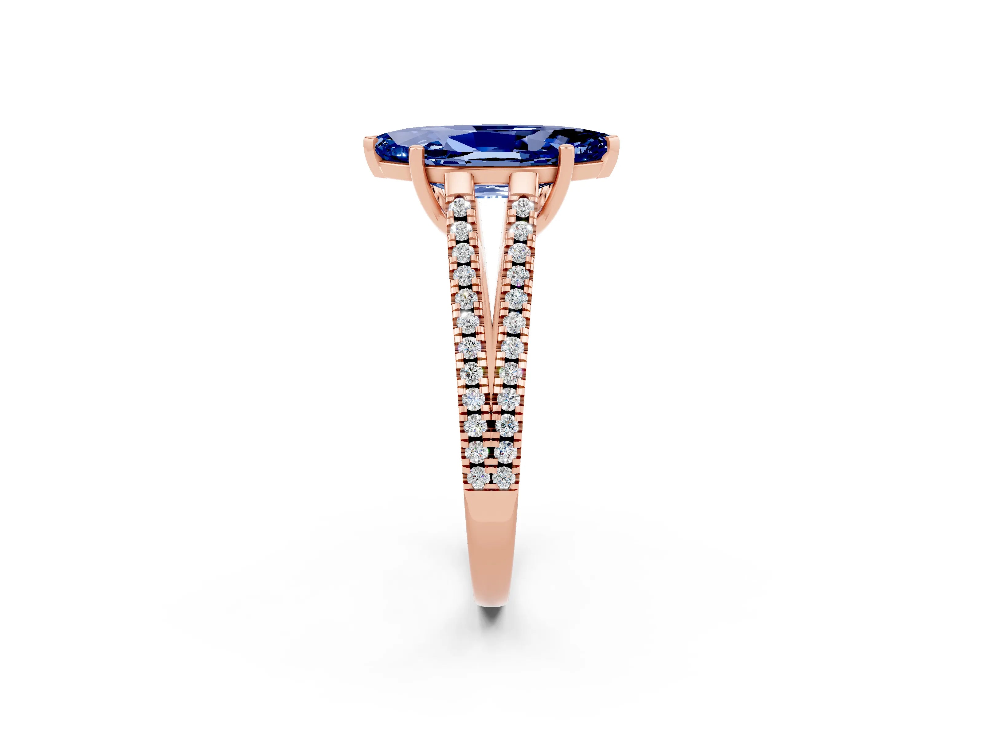 Rose gold Marquise Cut Blue Sapphire Solitaire Engagement Ring with Split Shank Pavé Band_2
