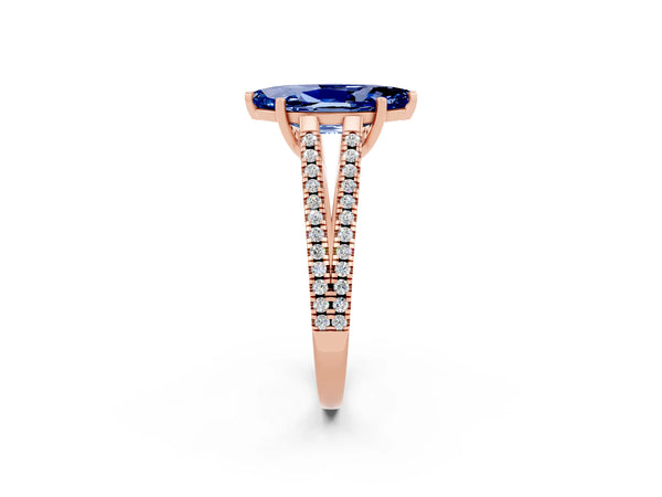 Rose gold Marquise Cut Blue Sapphire Solitaire Engagement Ring with Split Shank Pavé Band