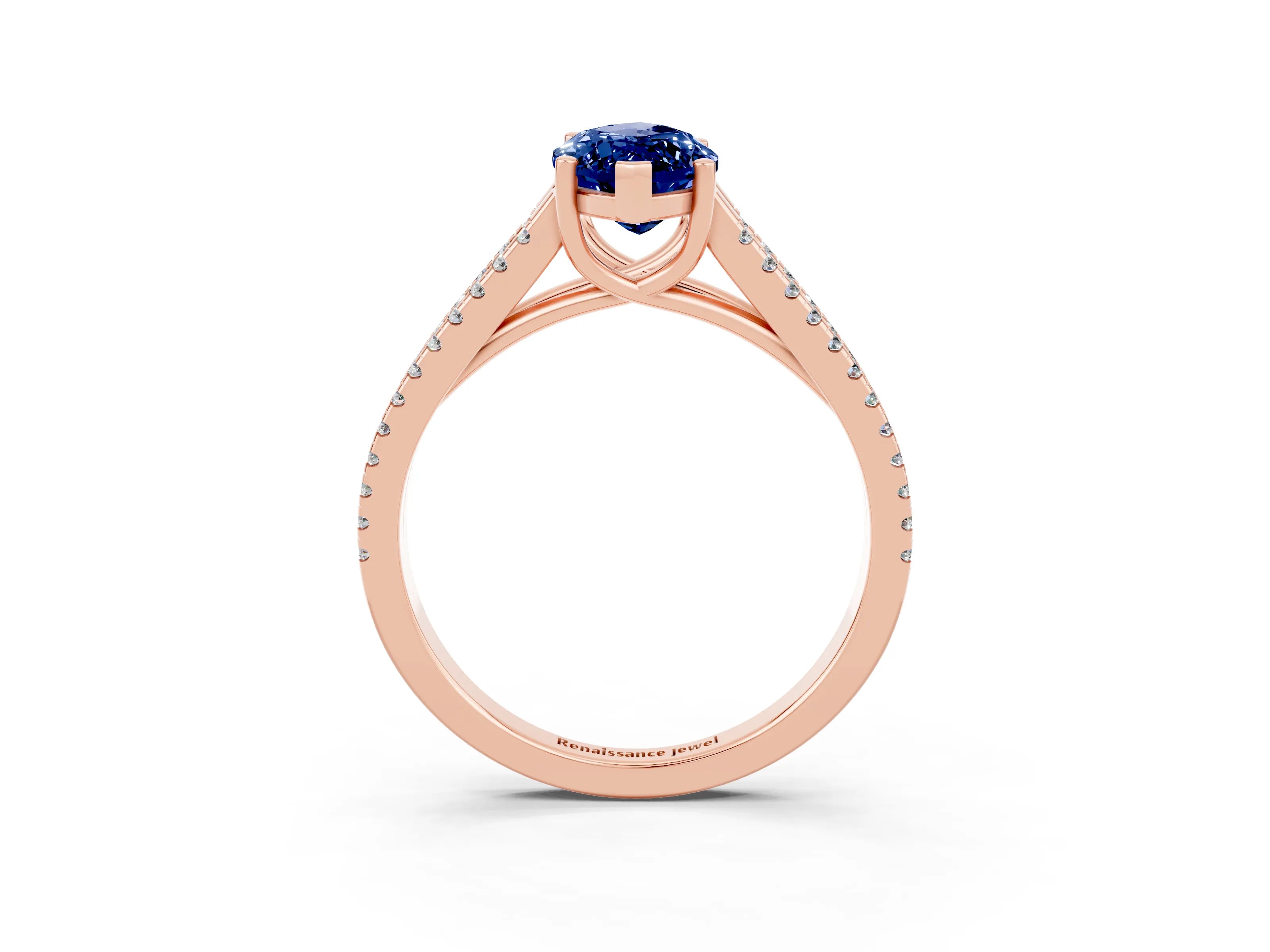 Rose gold Marquise Cut Blue Sapphire Solitaire Engagement Ring with Split Shank Pavé Band_3