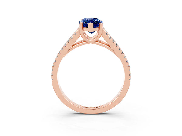 Rose gold Marquise Cut Blue Sapphire Solitaire Engagement Ring with Split Shank Pavé Band