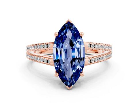 Rose gold Marquise Cut Blue Sapphire Solitaire Engagement Ring with Split Shank Pavé Band